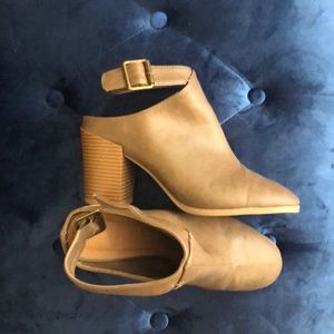 Brown ankle strap mule boots chunky heel